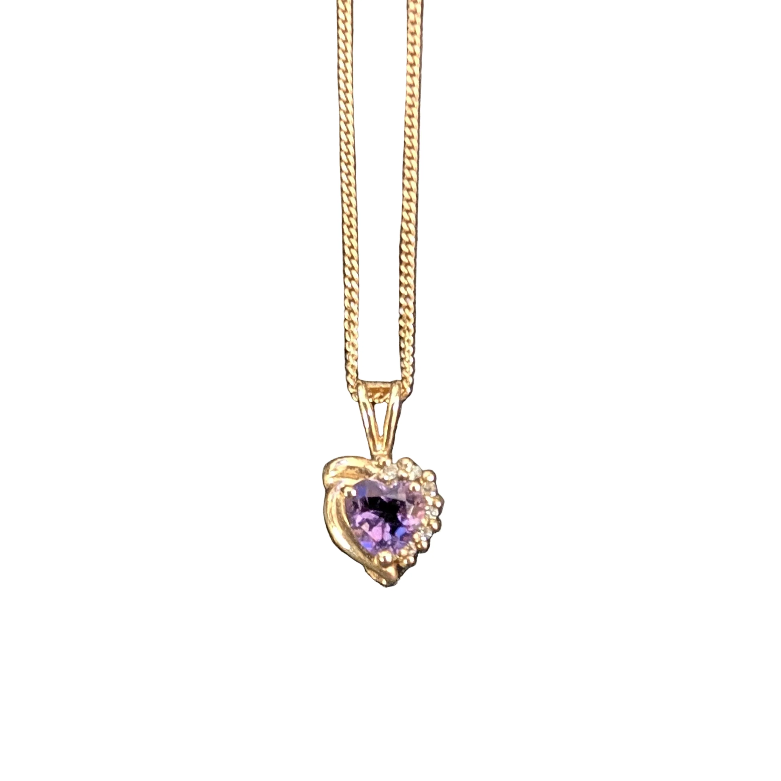 10K YG Heart-Shaped Purple and Clear Stone Pendant on Chain and Stud Earring Set - Image 2