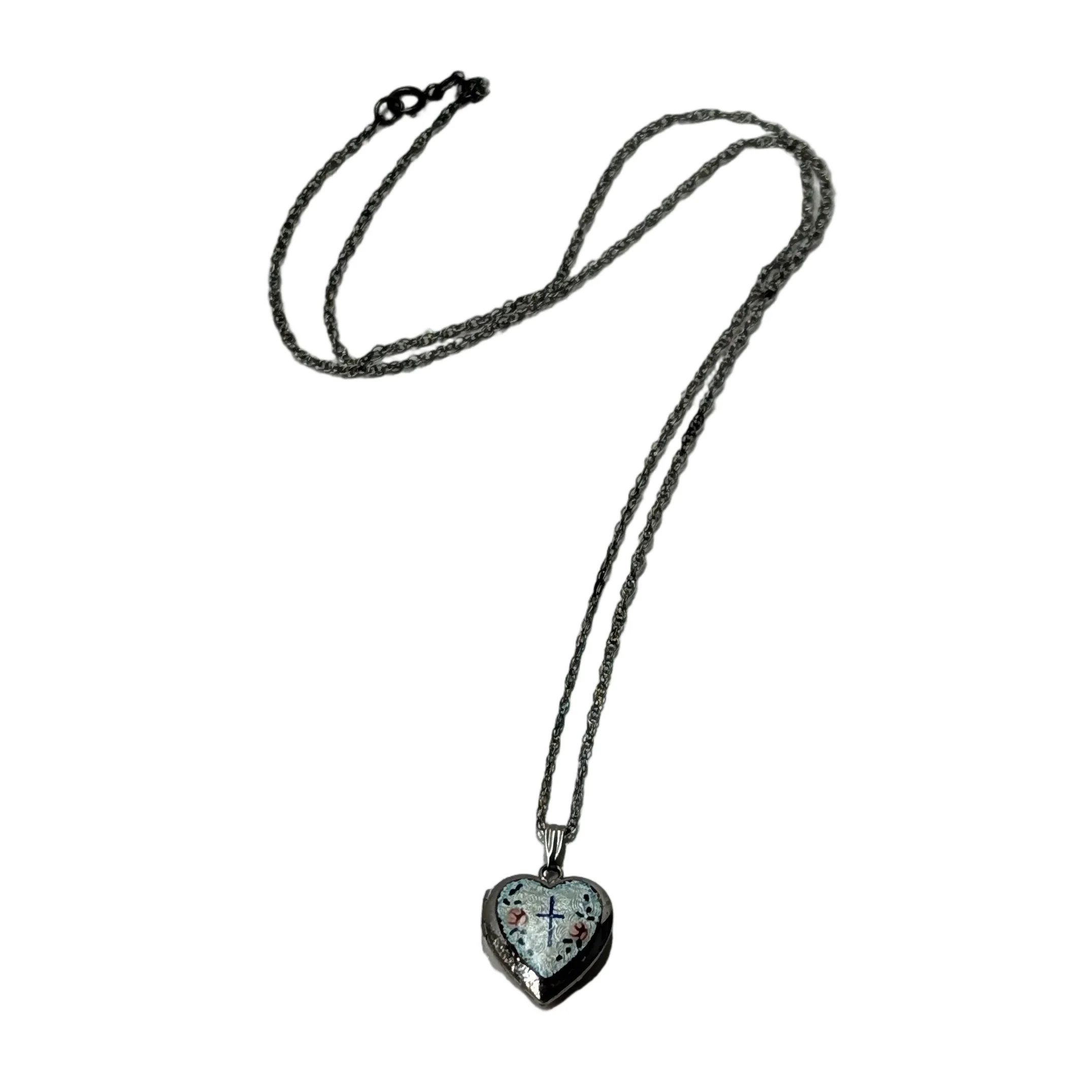 Sterling Silver Enameled Heart-Shaped Locket on Chain