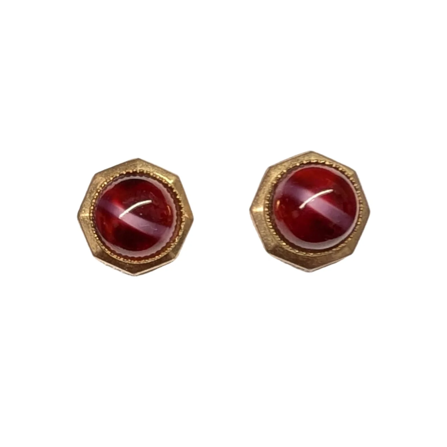 Vintage Costume Red 'Cats-Eye' Effect Glass Cabochon Stud Earrings